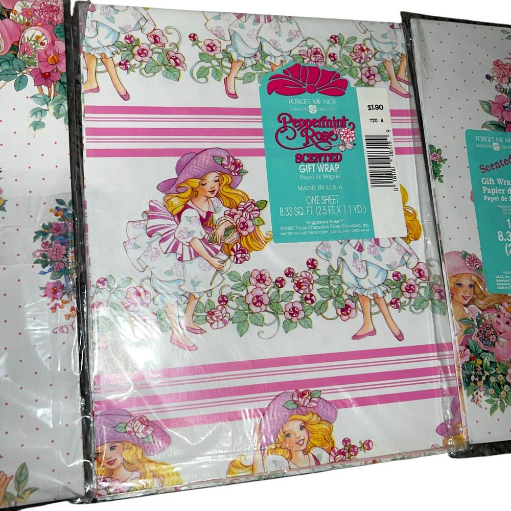 Vintage American Greetins Pink Scented Peppermint Rose gift wrap lot of 3 packs